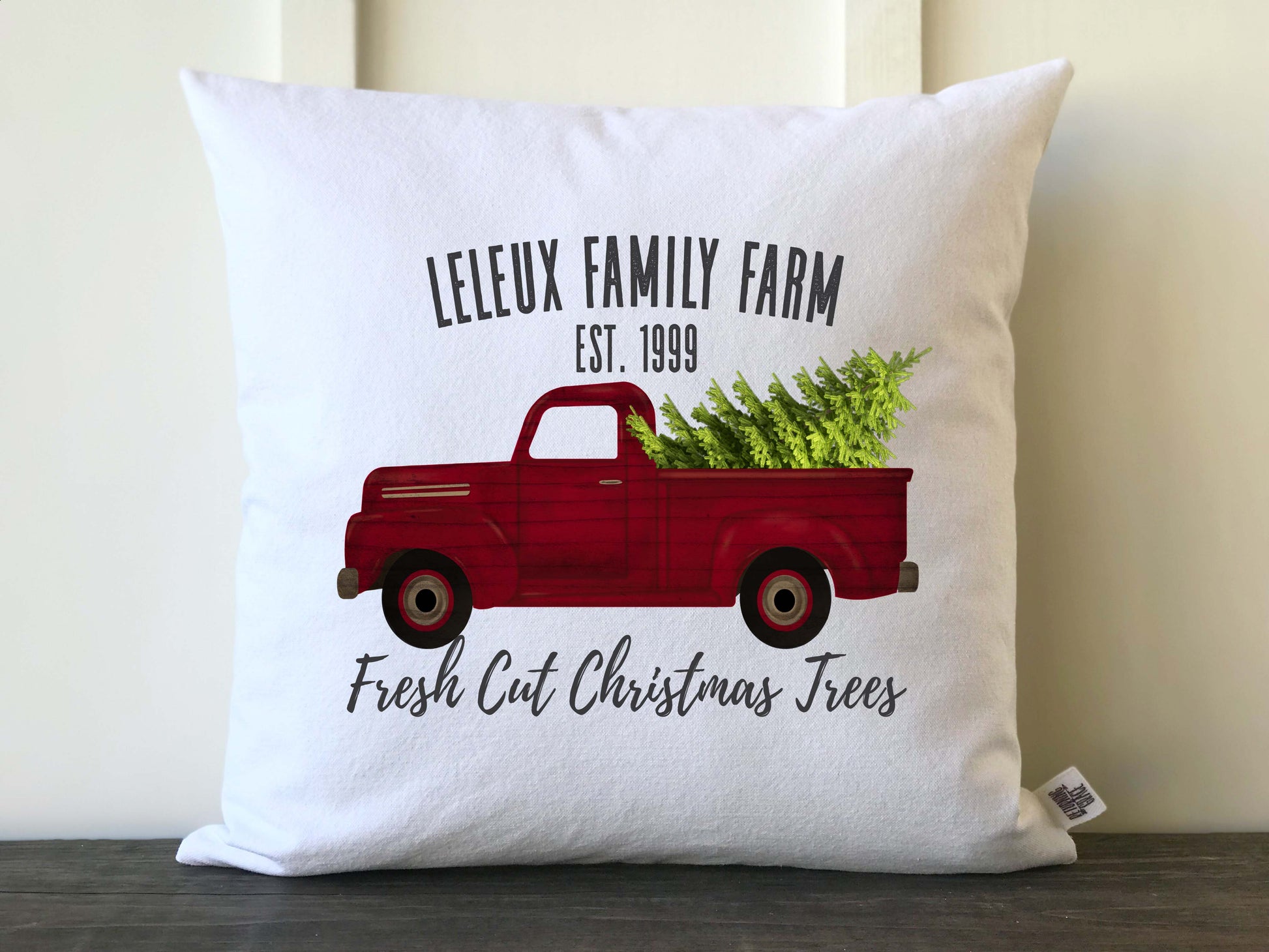 Farmhouse Personalized Family Christmas Tree Farm Vintage Truck Pillow  Cover with Red Font