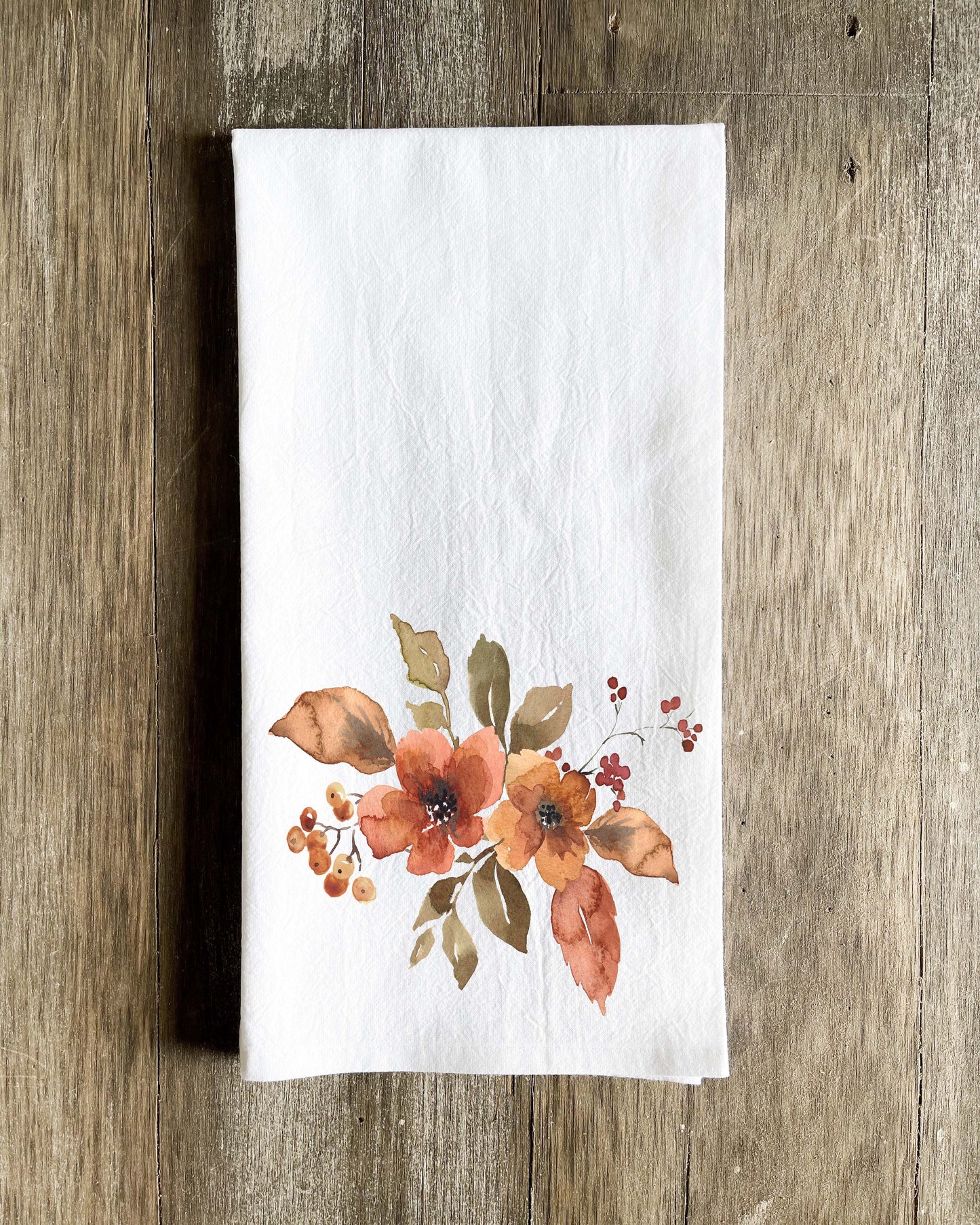 Watercolor Fall Flowers with Berries Tea Towel