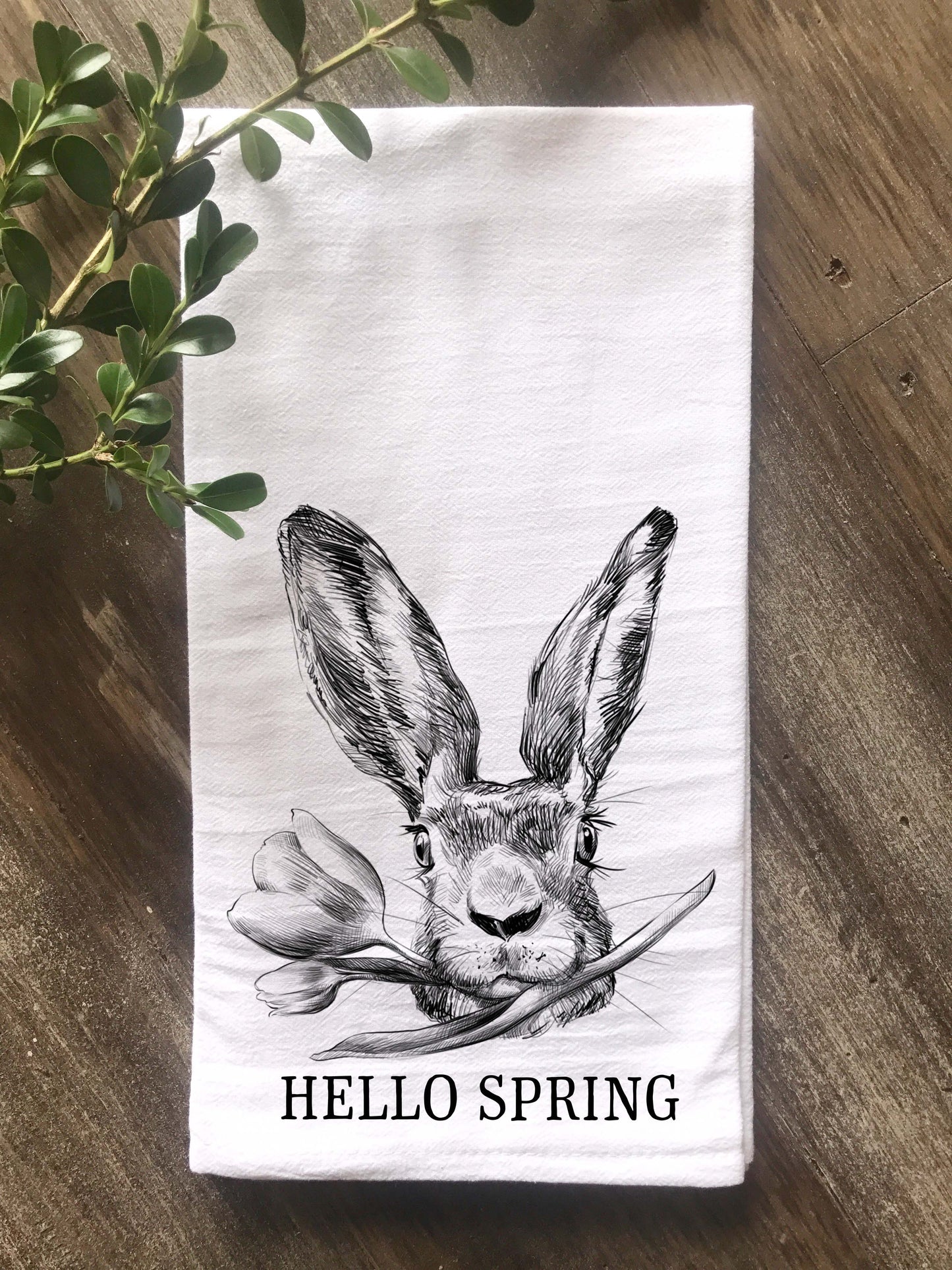 Hand Drawn Rabbit with Flower Hello Spring Flour Sack Tea Towel - Returning Grace Designs