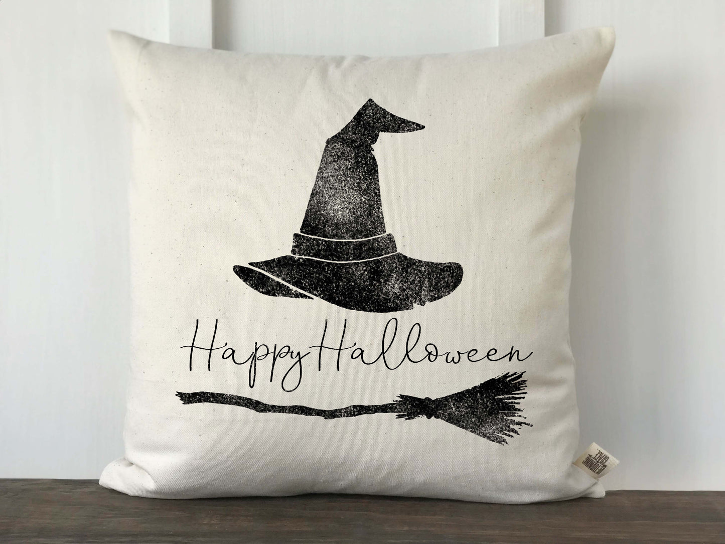 Happy Halloween with Witch Hat and Broom Pillow Cover