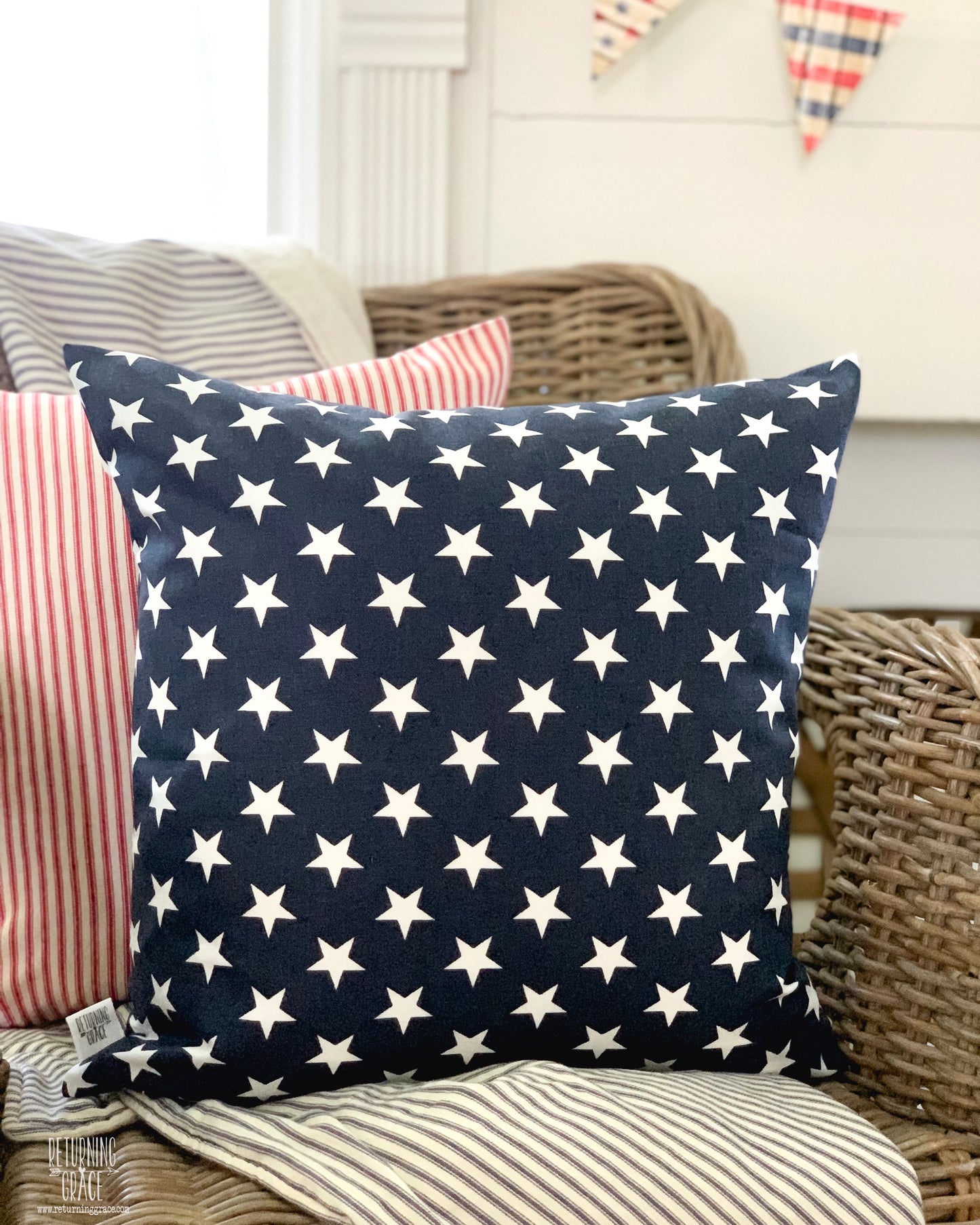 Navy with White Stars Pillow Cover - Returning Grace Designs