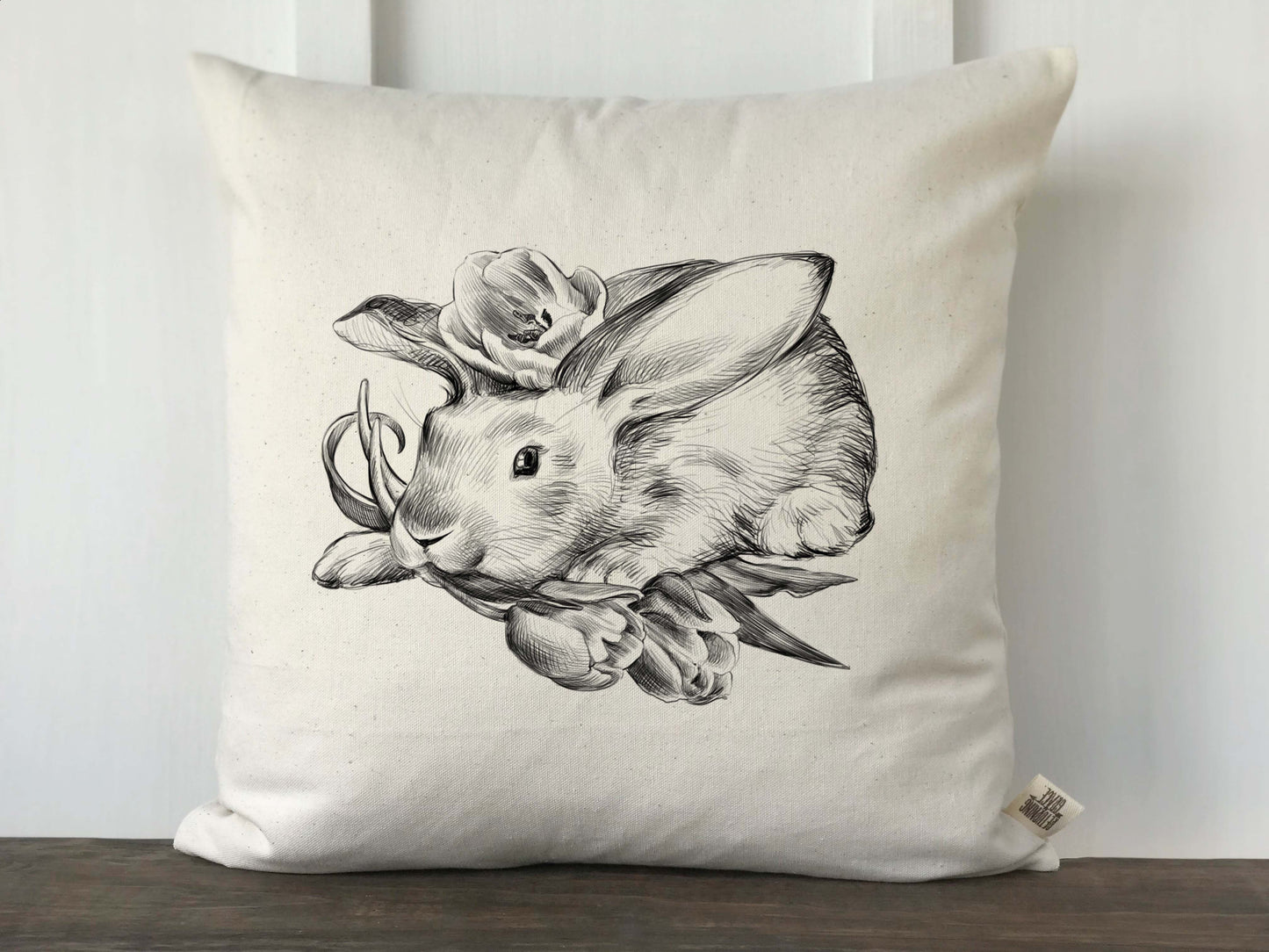 Hand Drawn Baby Rabbit with Flower Pillow Cover - Returning Grace Designs